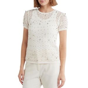 Jason Wu Open Stitch Beaded Short Sleeve Sweater NWT S Classic White